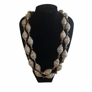 Batik Bone Bead Tribal Facet Blue Brass Clasp Tibetan Boho Statement Necklace
